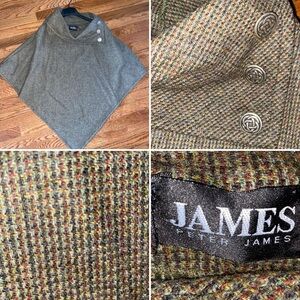 PETER JAMES 100% Wool Houndstooth Tweed Cape w Celtic Knot Buttons UK OS
